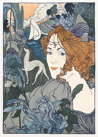 Art Nouveau Woman with Dog and Flowers