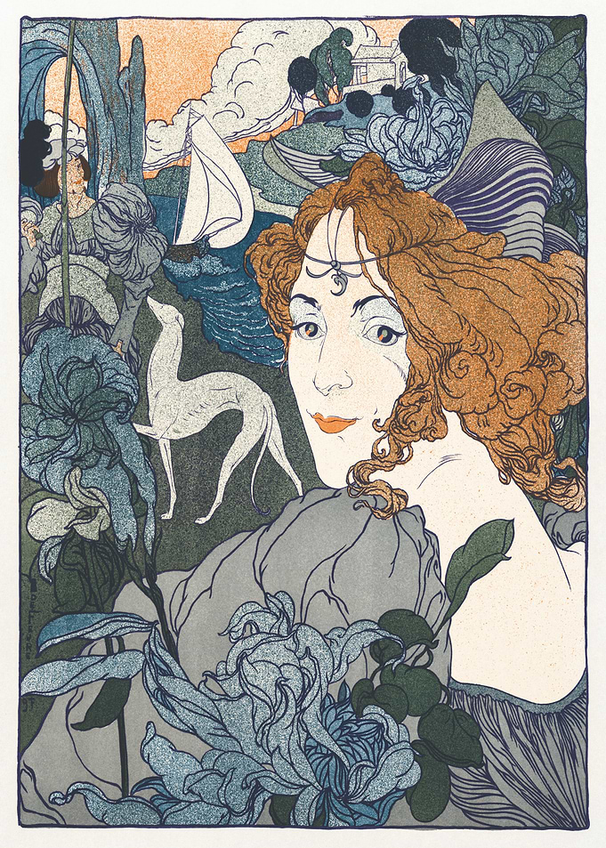 Art Nouveau Woman with Dog and Flowers