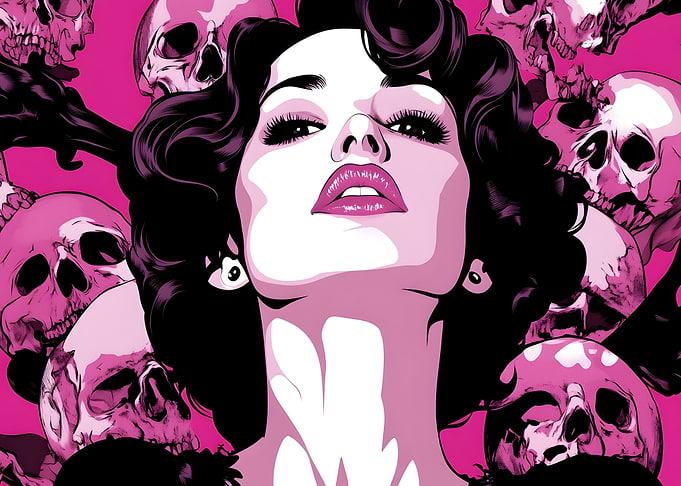 Woman with Skulls on Pink Background