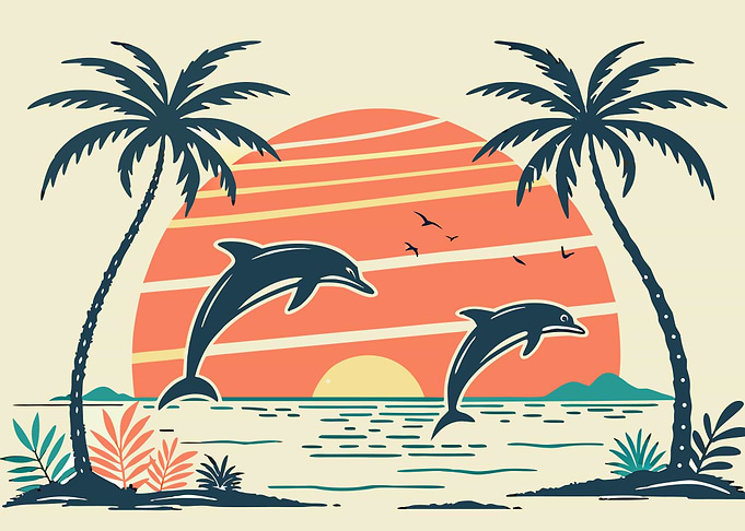 Dolphins at Sunset with Palm Trees