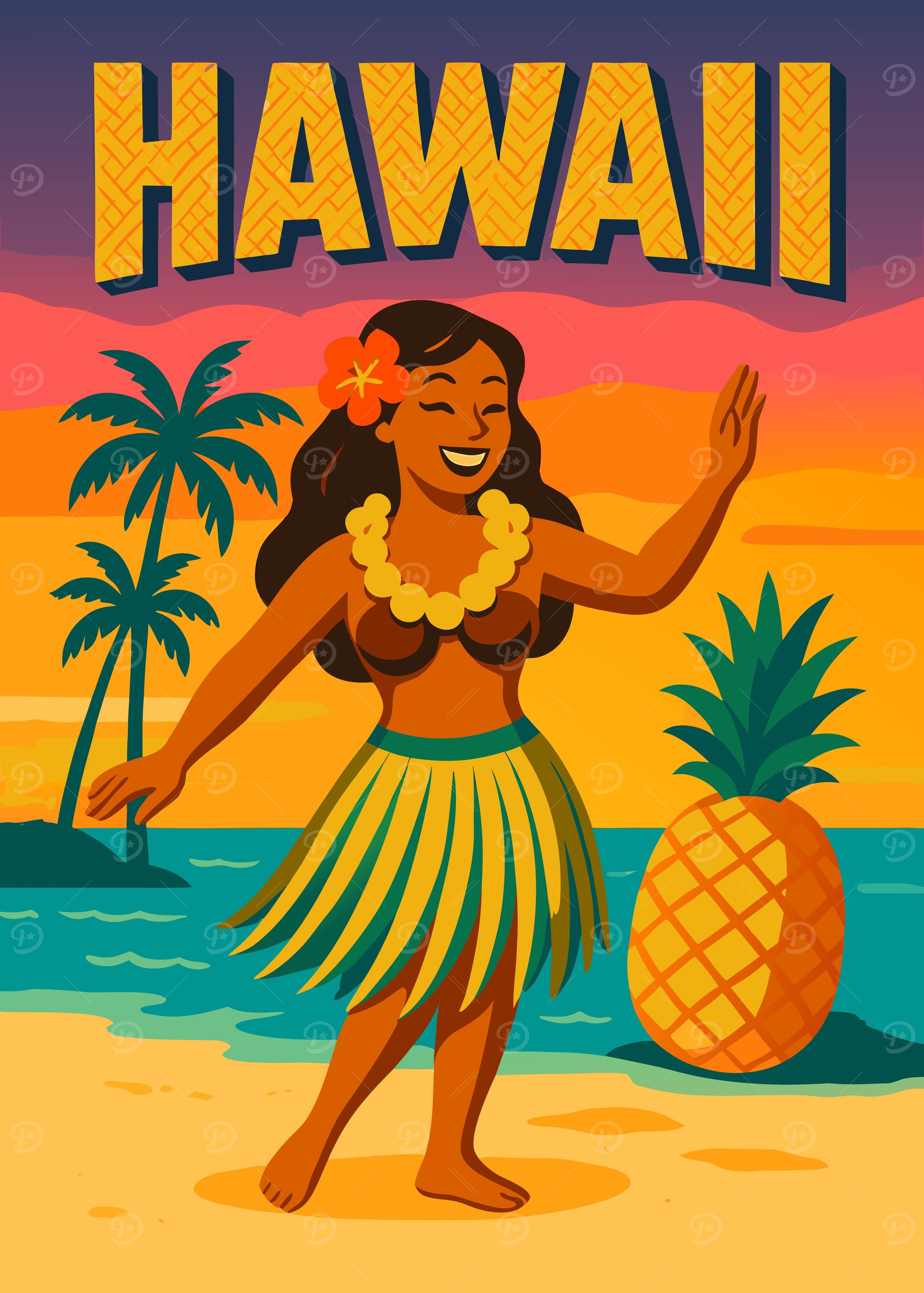 Hawaii Hula Girl Vintage Travel Poster