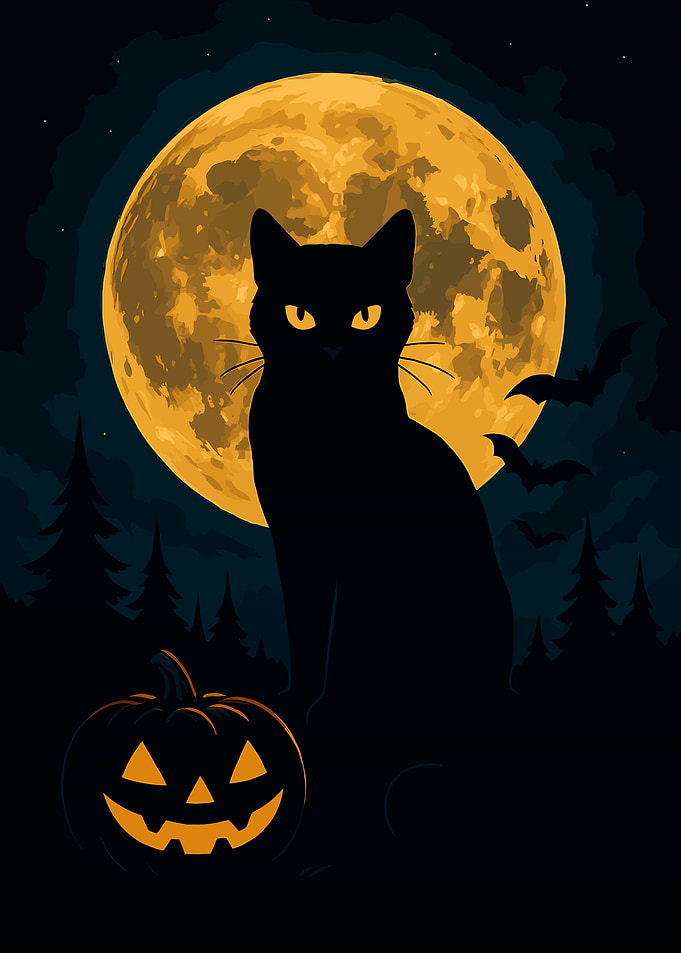 Black Cat & Jack-O’-Lantern Under Full Moon | Spooky Halloween Wall Art
