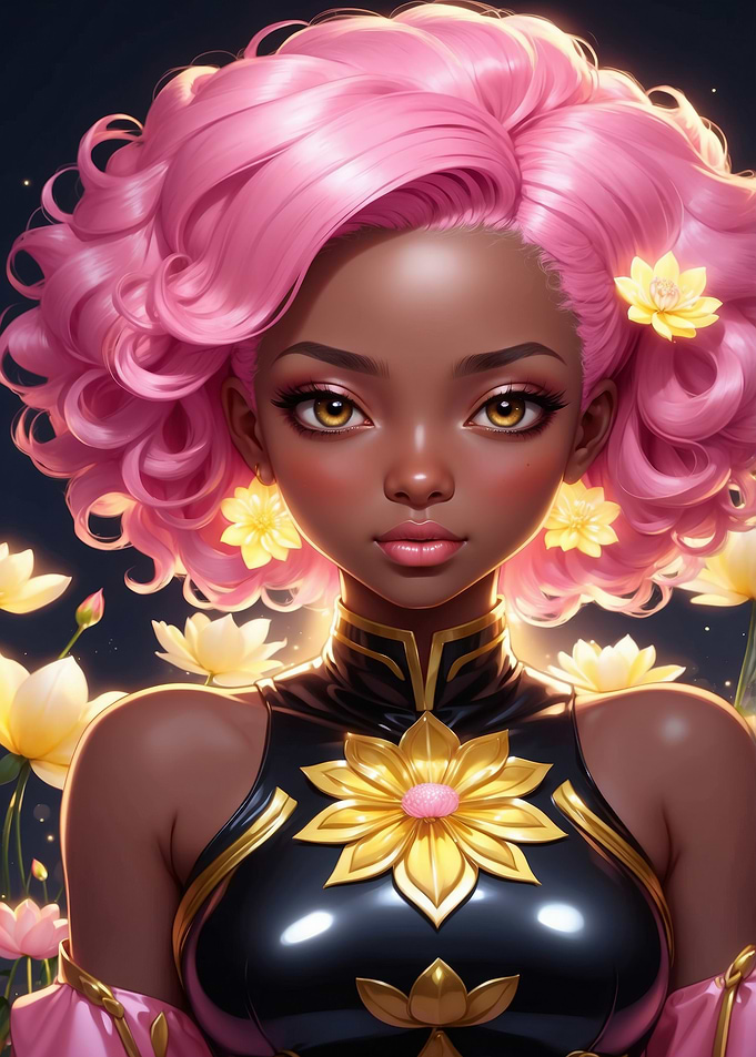 Pink-haired woman with floral accents