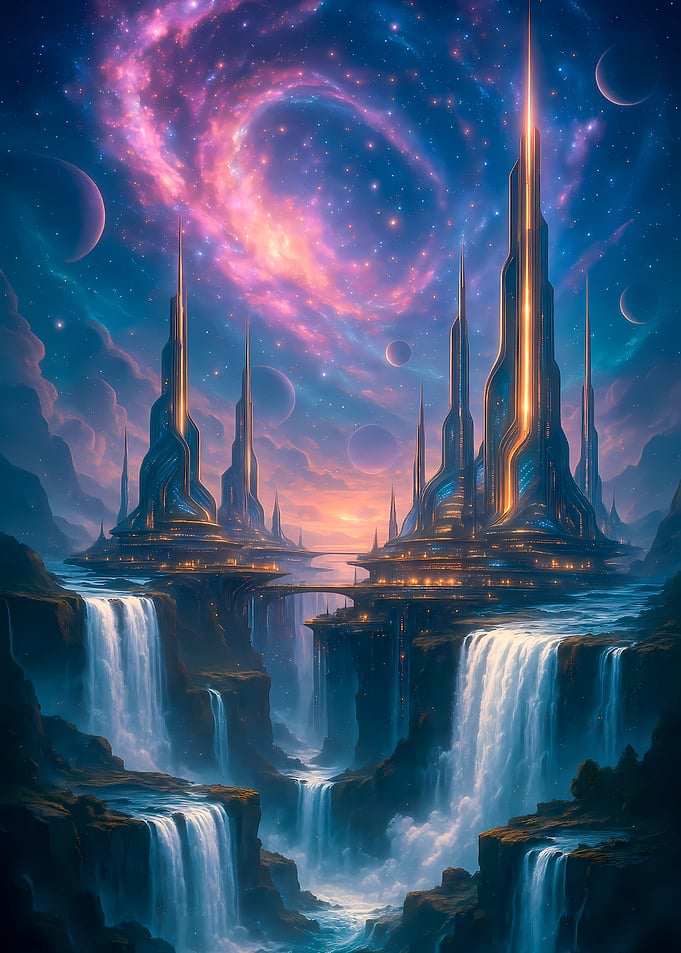Futuristic Cityscape with Waterfalls and Nebula