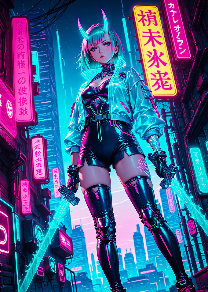 Cyberpunk Style Anime Girl with Neon Swords