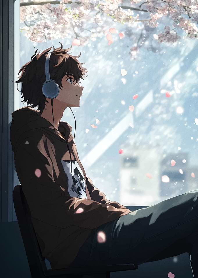Anime Boy Listening to Music Indoors
