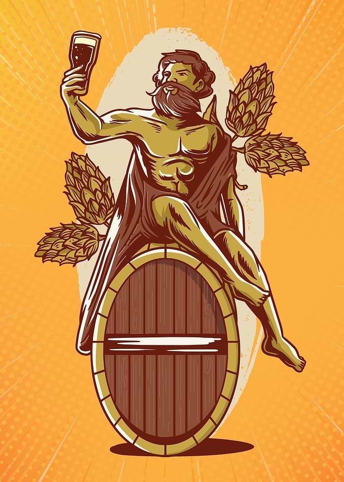 Beer God on Barrel with Hops
