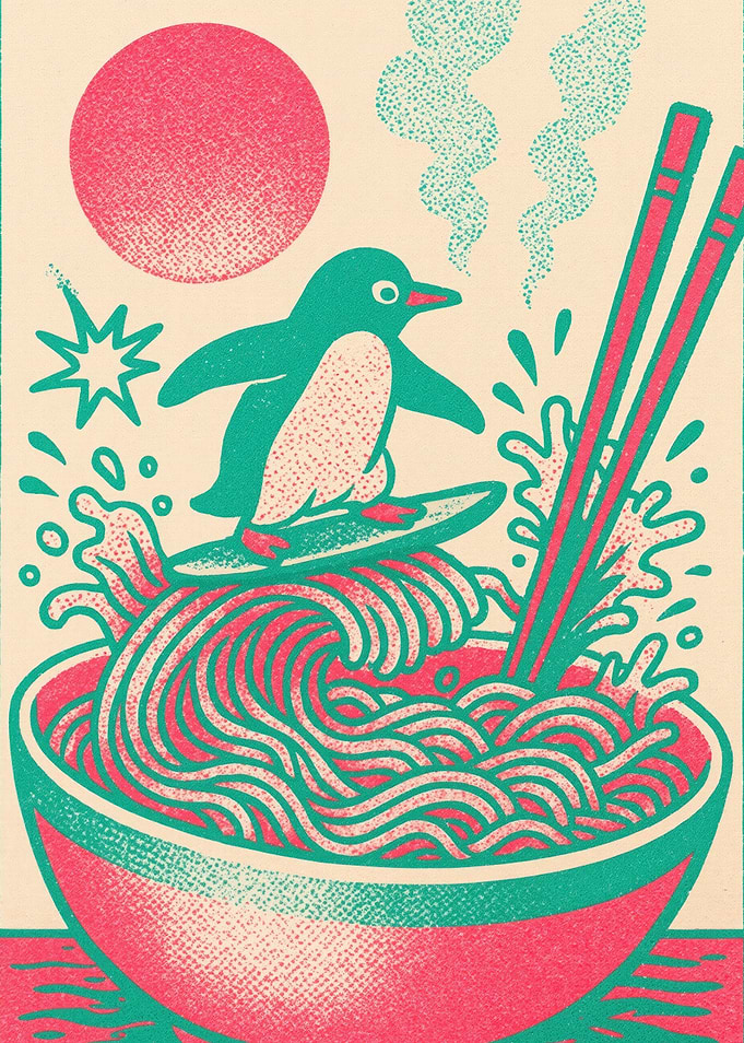 Surfing Penguin Ramen Bowl Art