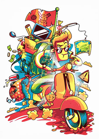 Cartoon man on scooter with stuff