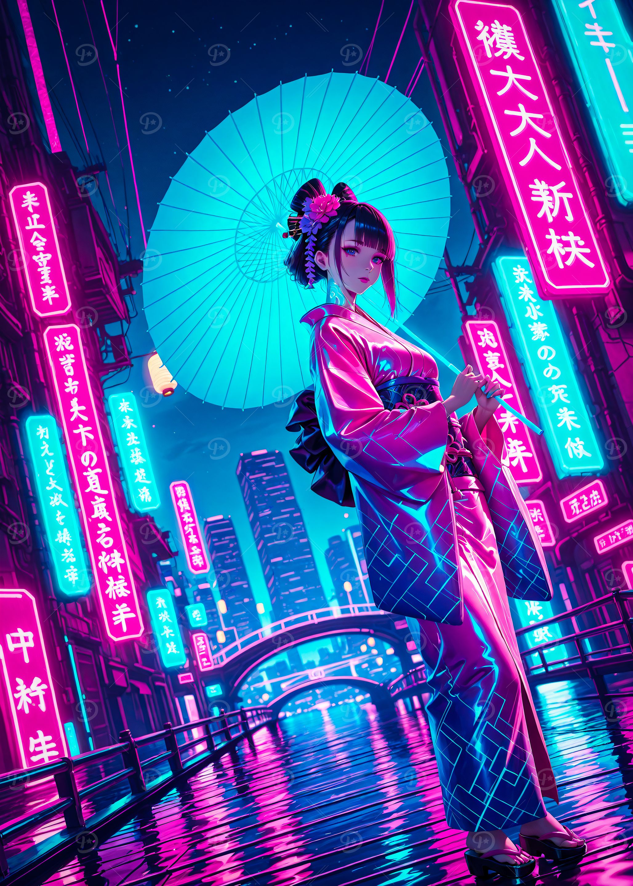 Neon Geisha in Futuristic Cityscape