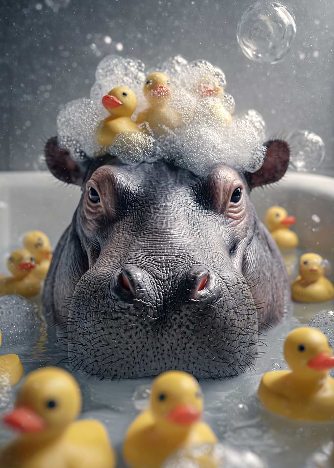 Hippo in Bathtub with Rubber Ducks