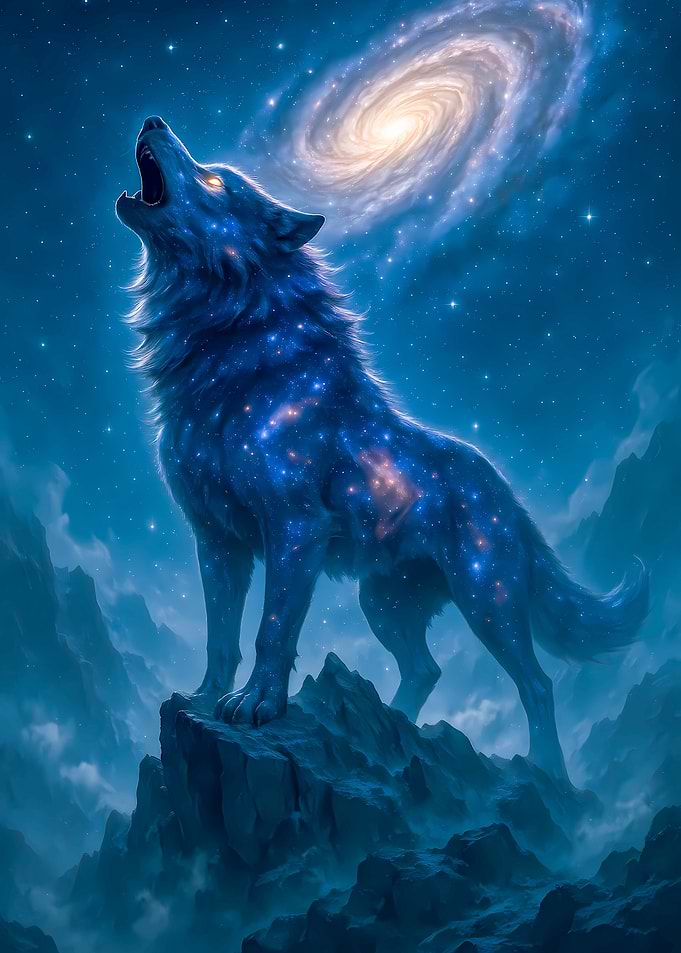 Celestial Wolf Howling at Galaxy