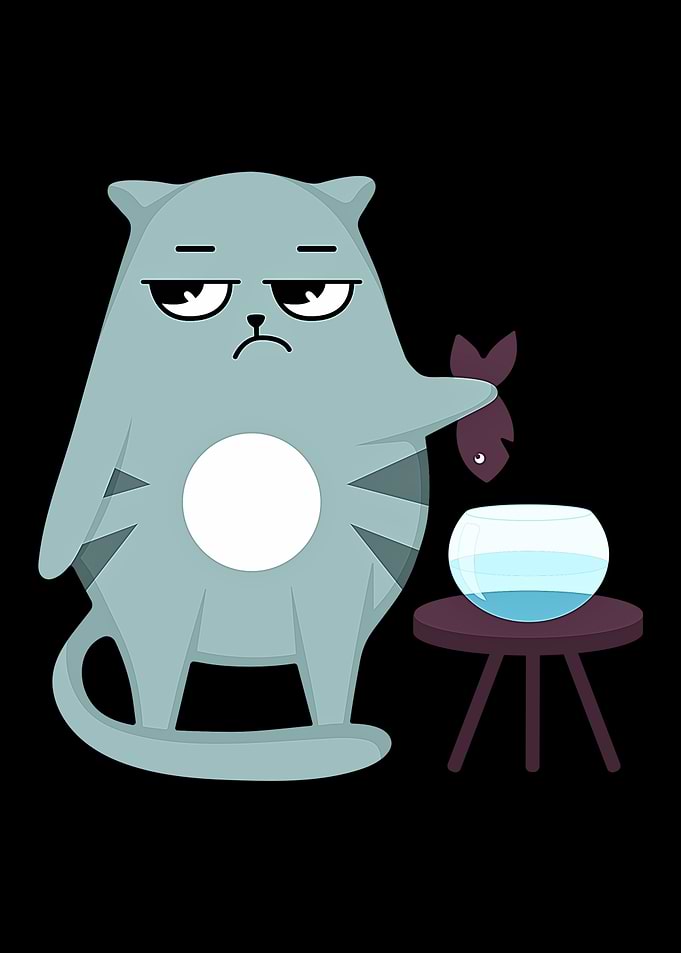 Grumpy Cat with Fish and Bowl