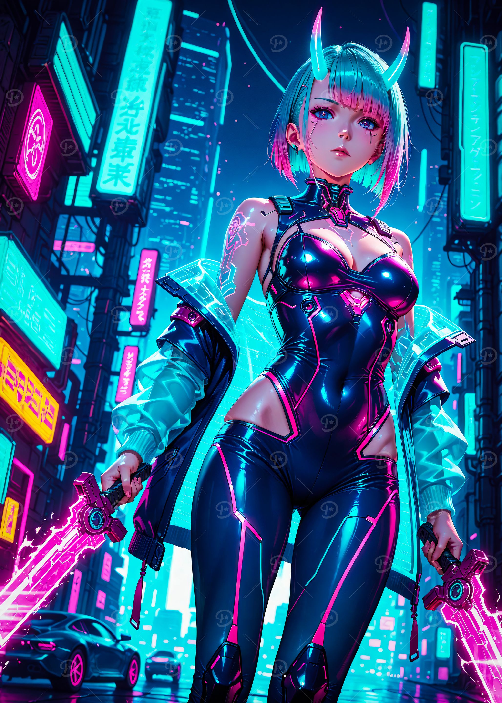 Cyberpunk Style Anime Girl with Neon Swords
