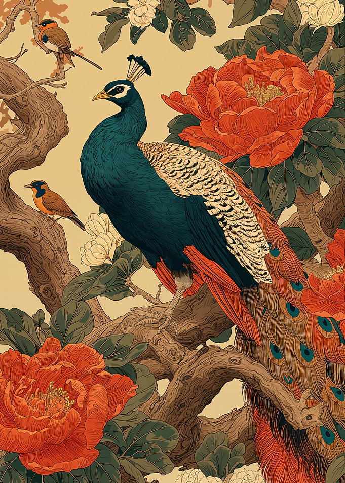 Peacock and Birds in Floral Setting