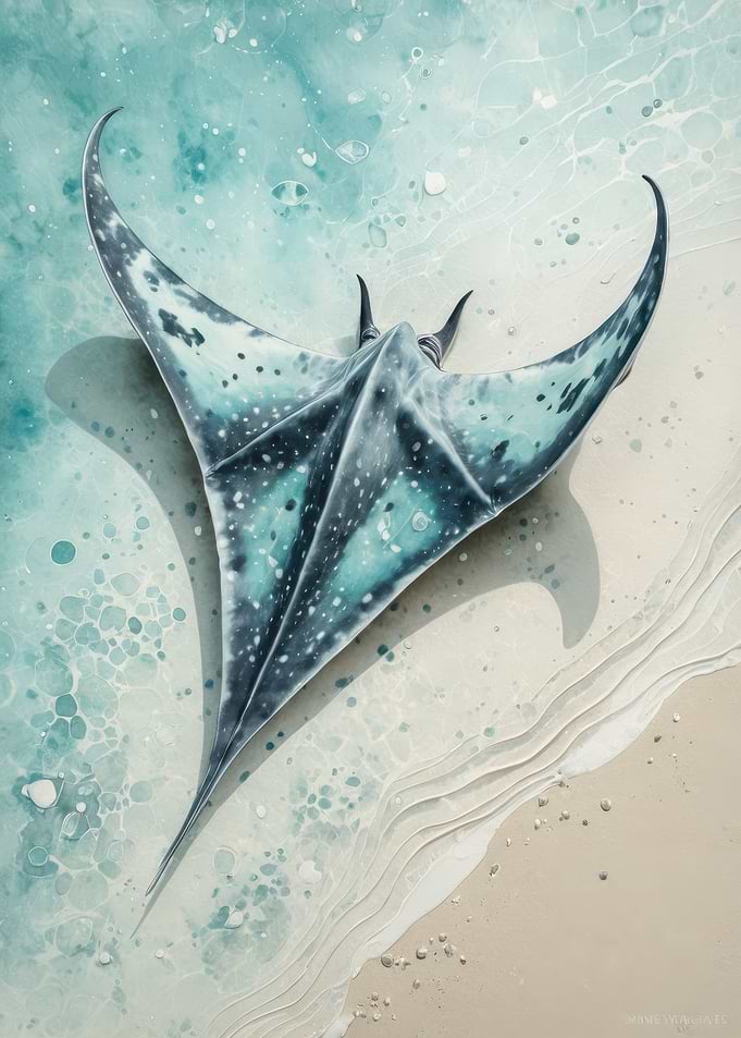 Serene Manta Ray Over Turquoise Shallows - Watercolor-Style Sea Life Print