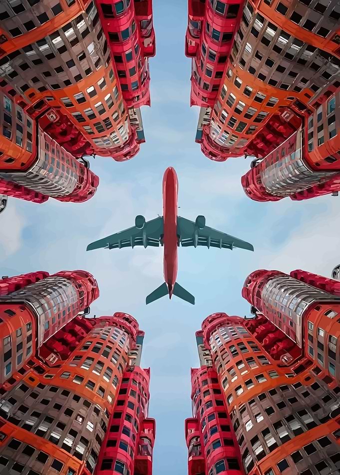 Airplane flying over red buildings