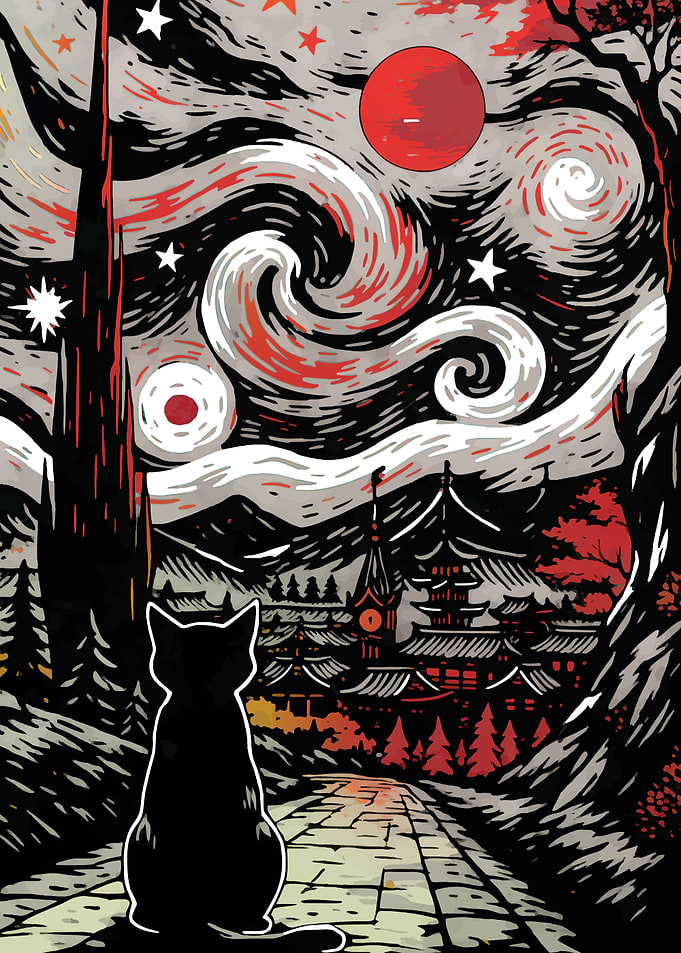 Black Cat and Japanese Landscape Art