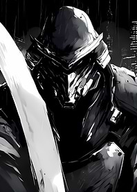 Monochrome Armored Warrior in Cityscape