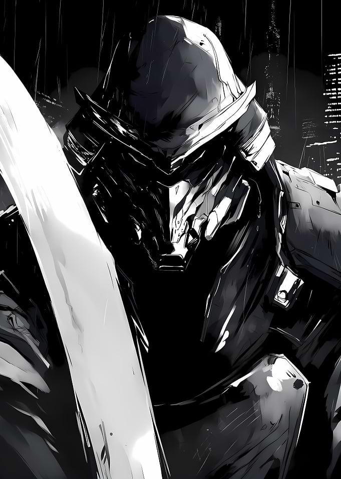 Monochrome Armored Warrior in Cityscape