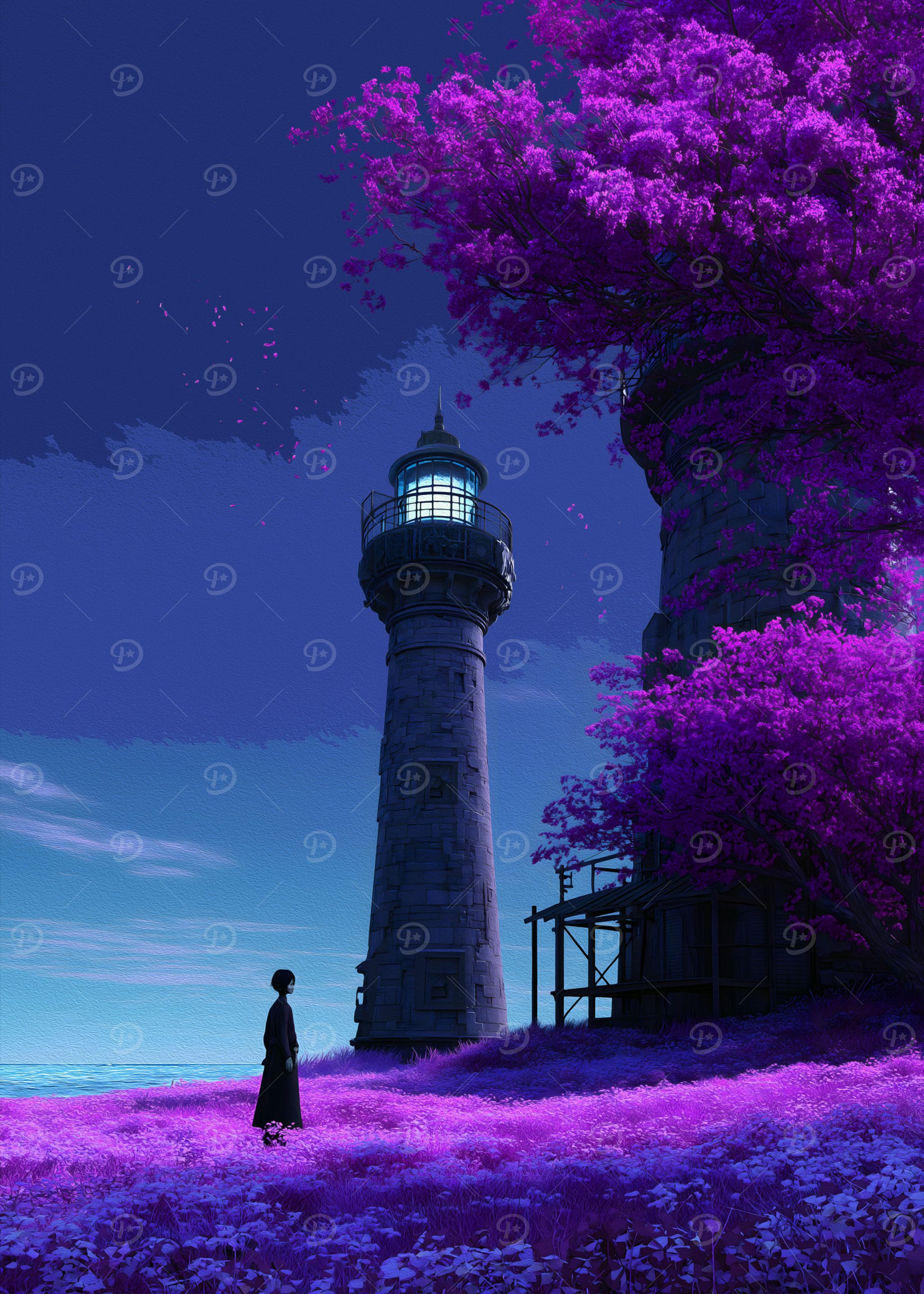 Lighthouse and Purple Blossoms Landscape