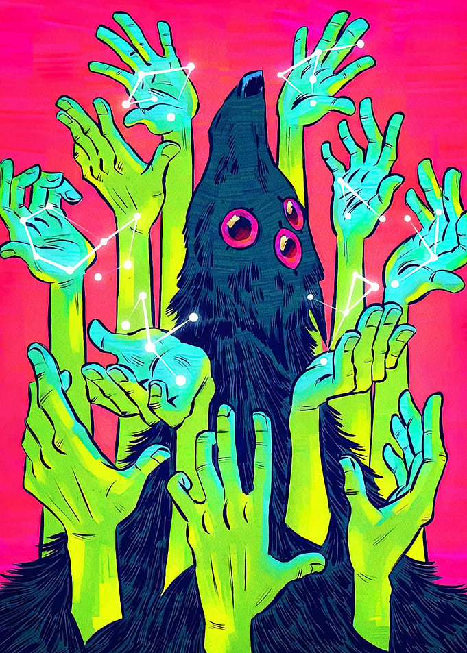 Mystical Creature with Hands and Constellations