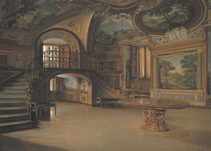 Ornate Interior with Staircase and Table