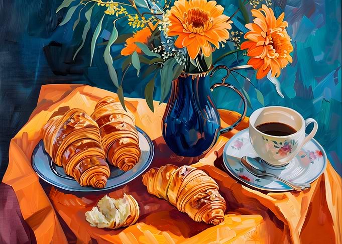 Breakfast Still Life with Croissants and Coffee