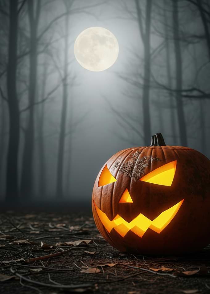 Halloween Pumpkin in a Spooky Forest Under the Full Moon