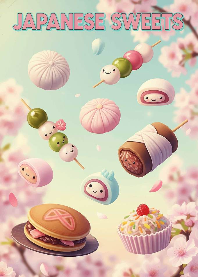 Japanese Sweets Illustration with Cherry Blossoms