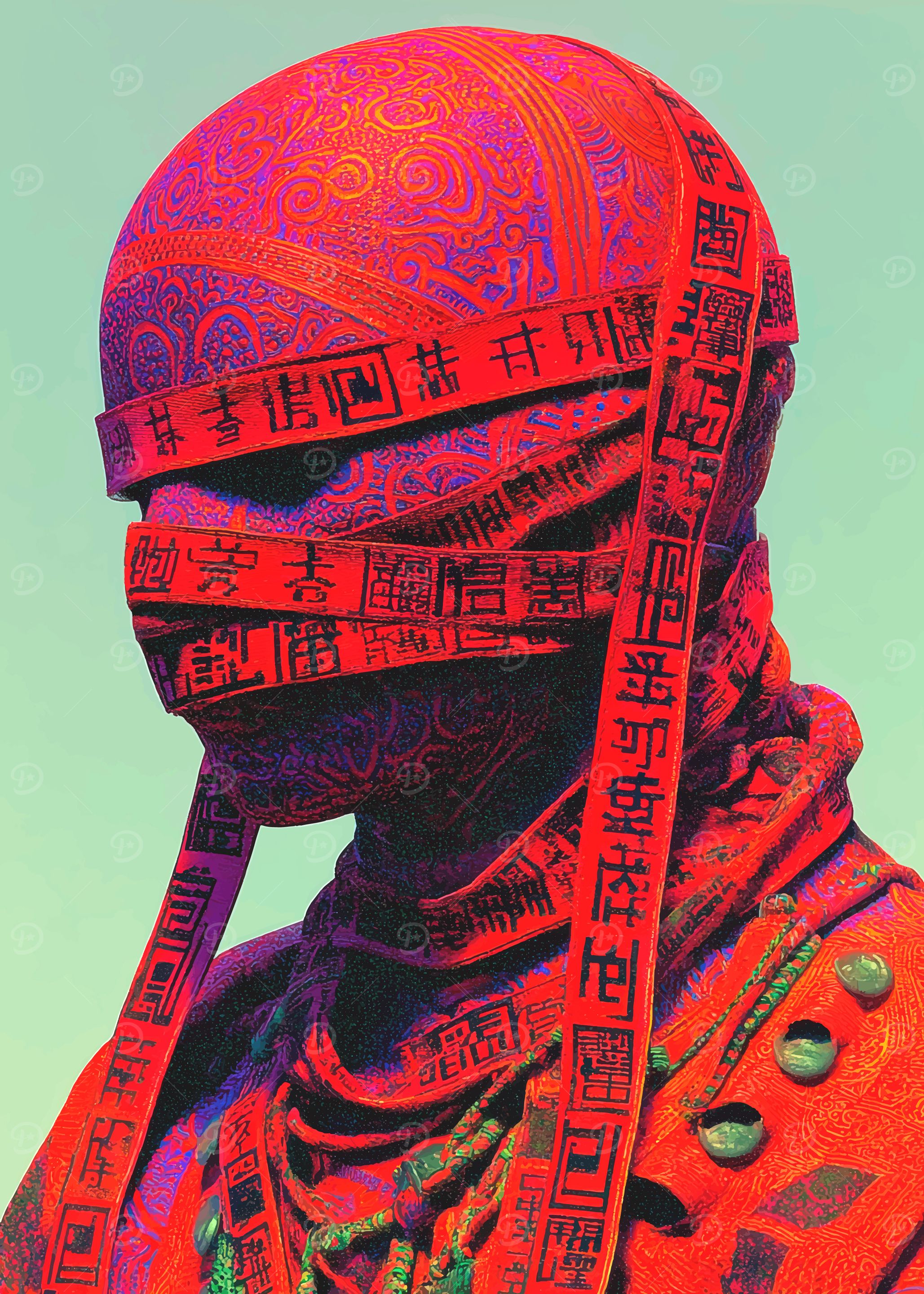 Red Figure with Asian Script Bands