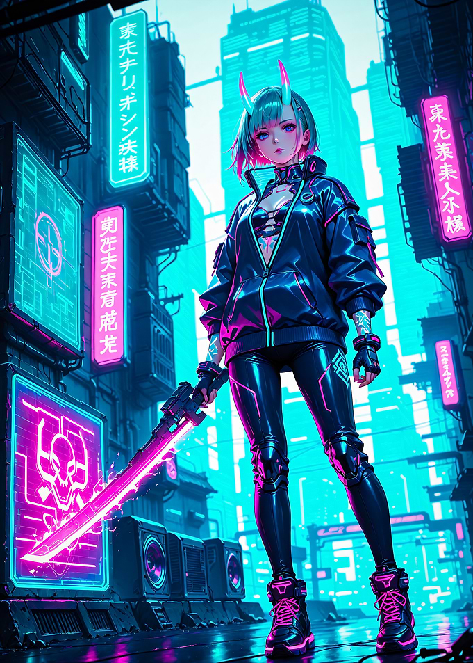 Cyberpunk Style Anime Girl with Glowing Sword
