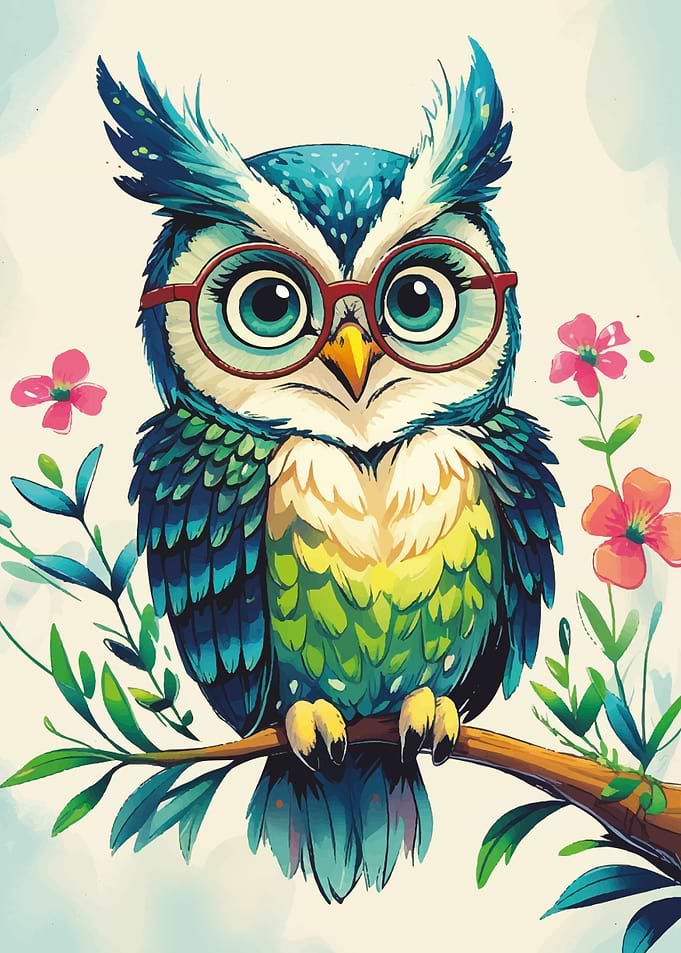 Cartoon Owl with Glasses on Branch