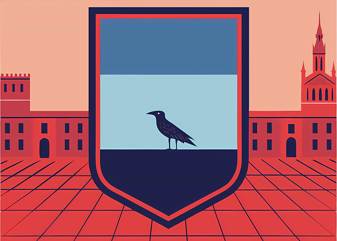 Raven on Shield with Cityscape