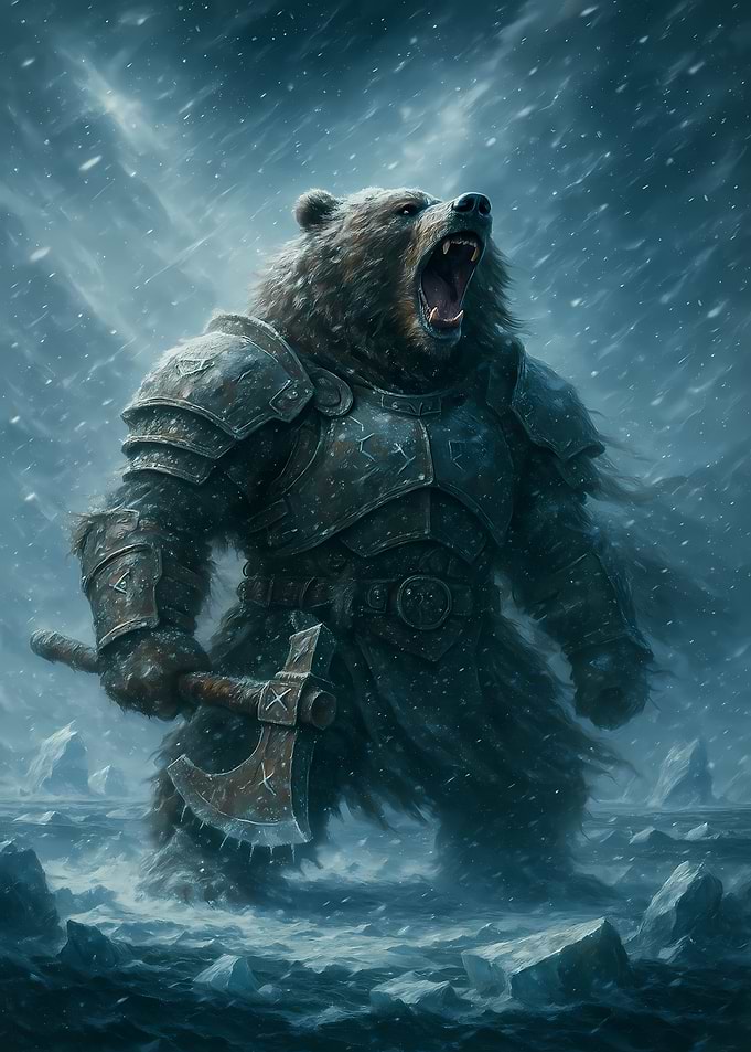 Armored Bear Warrior in Snowy Landscape