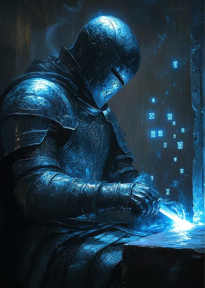 Blue Knight Forging a Sword