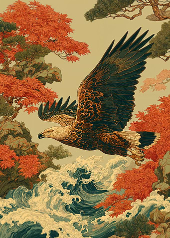 Eagle soaring over waves and trees