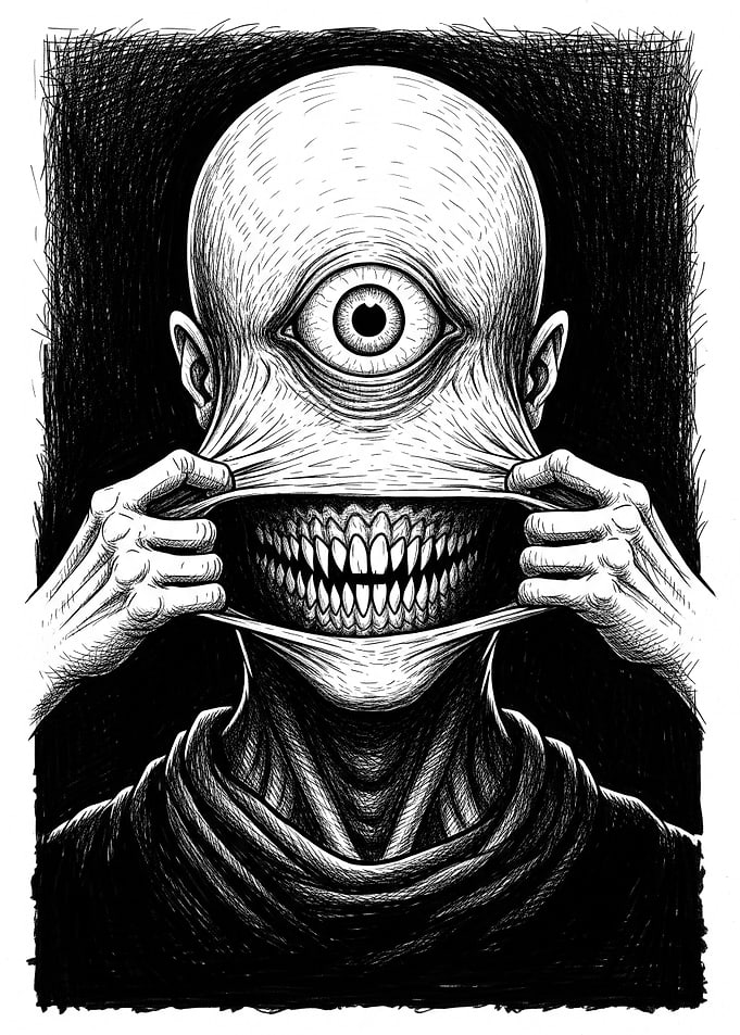 Monochrome Horror: Skin-Pulling Cyclops