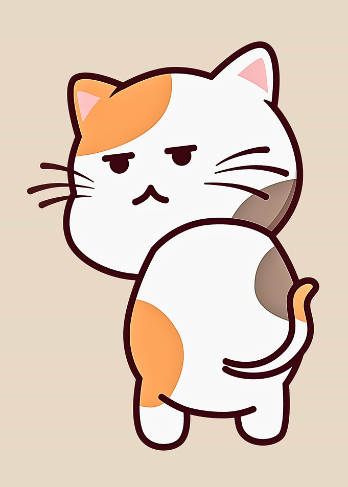 Cartoon Calico Cat with Grumpy Expression