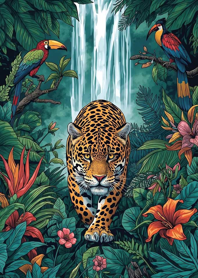Jaguar in Jungle with Waterfall