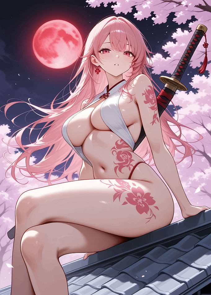 Anime Girl with Katana and Cherry Blossoms