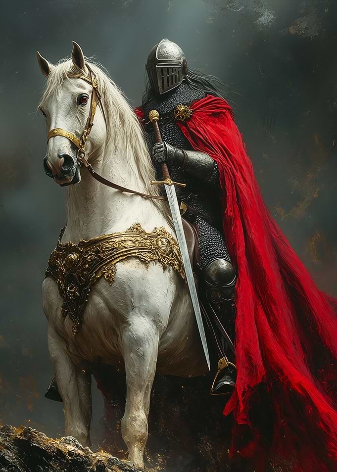 Knight on White Horse with Red Cape
