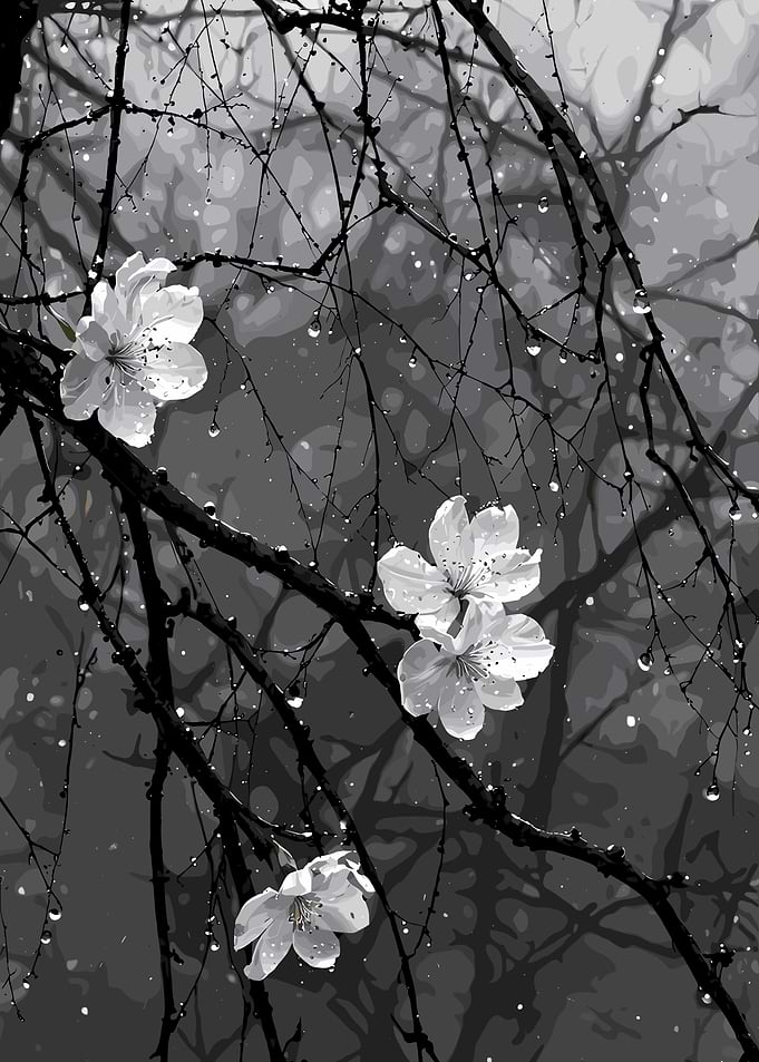 Monochrome Blossoms in the Rain