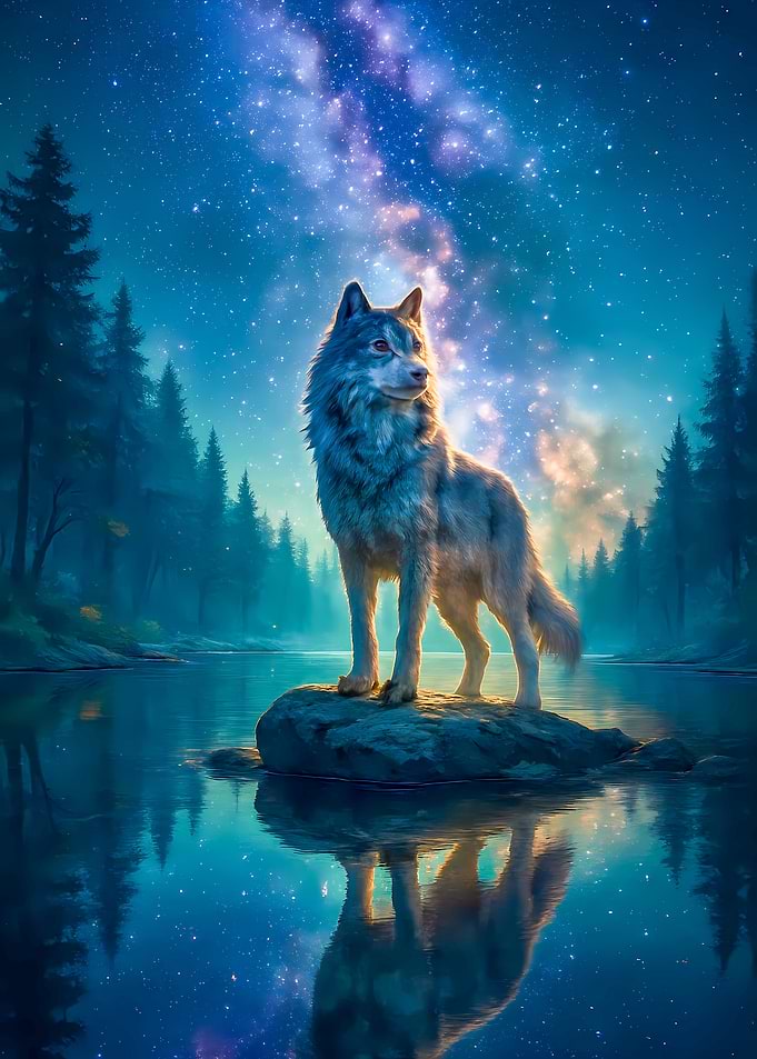 Wolf under the starry night sky