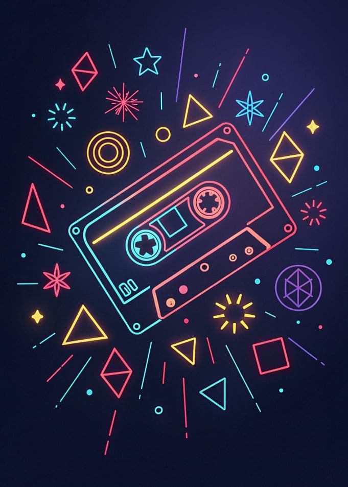 Neon Cassette Tape with Geometric Shapes