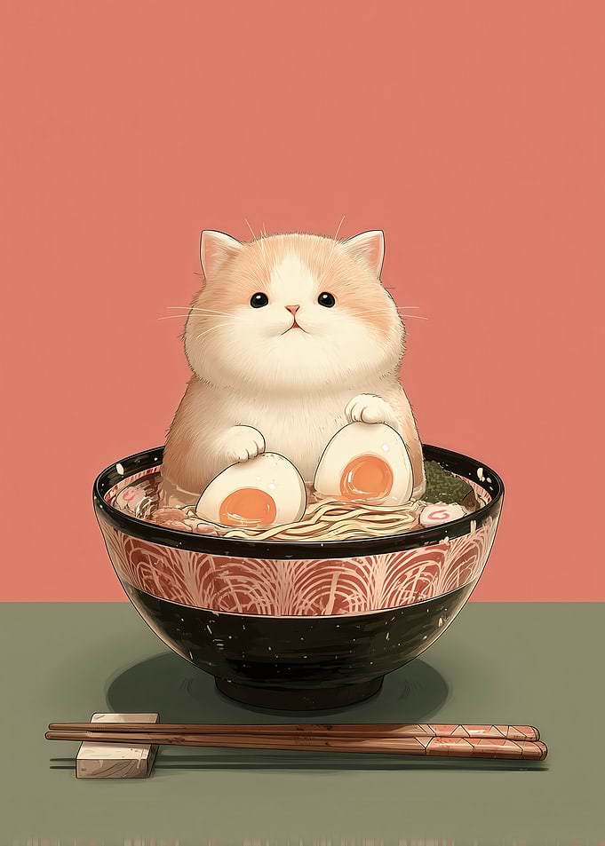 Cute Cat in Ramen Bowl