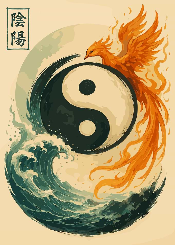 Yin Yang Phoenix and Wave Art