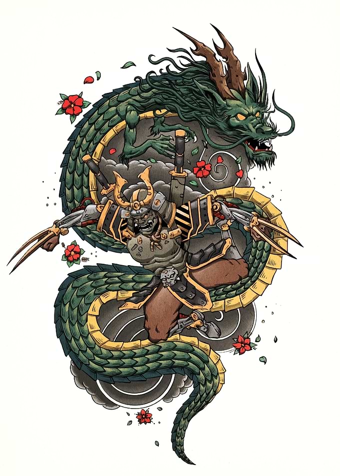 Samurai Warrior with Dragon Illustration