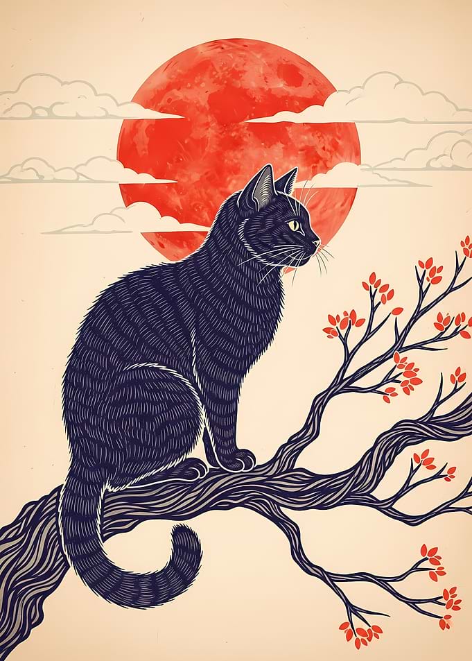 Black Cat on Branch with Red Moon