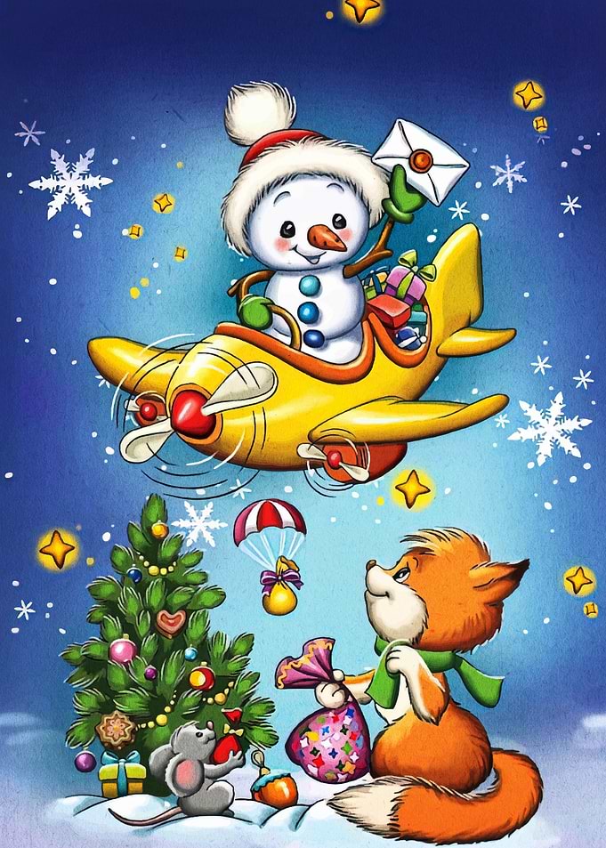 Festive Cartoon: Snowman, Fox, and Christmas